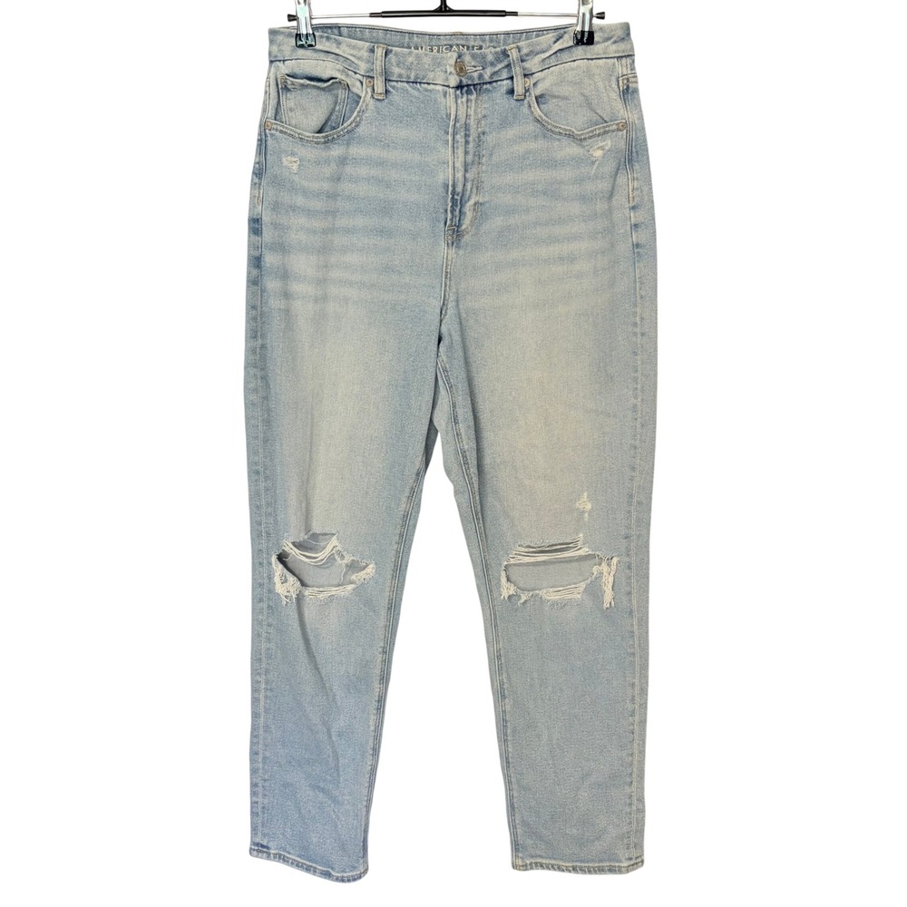 American Eagle Curvy Mom Jean 12 Long Light Wash Distressed High Rise Denim Tall